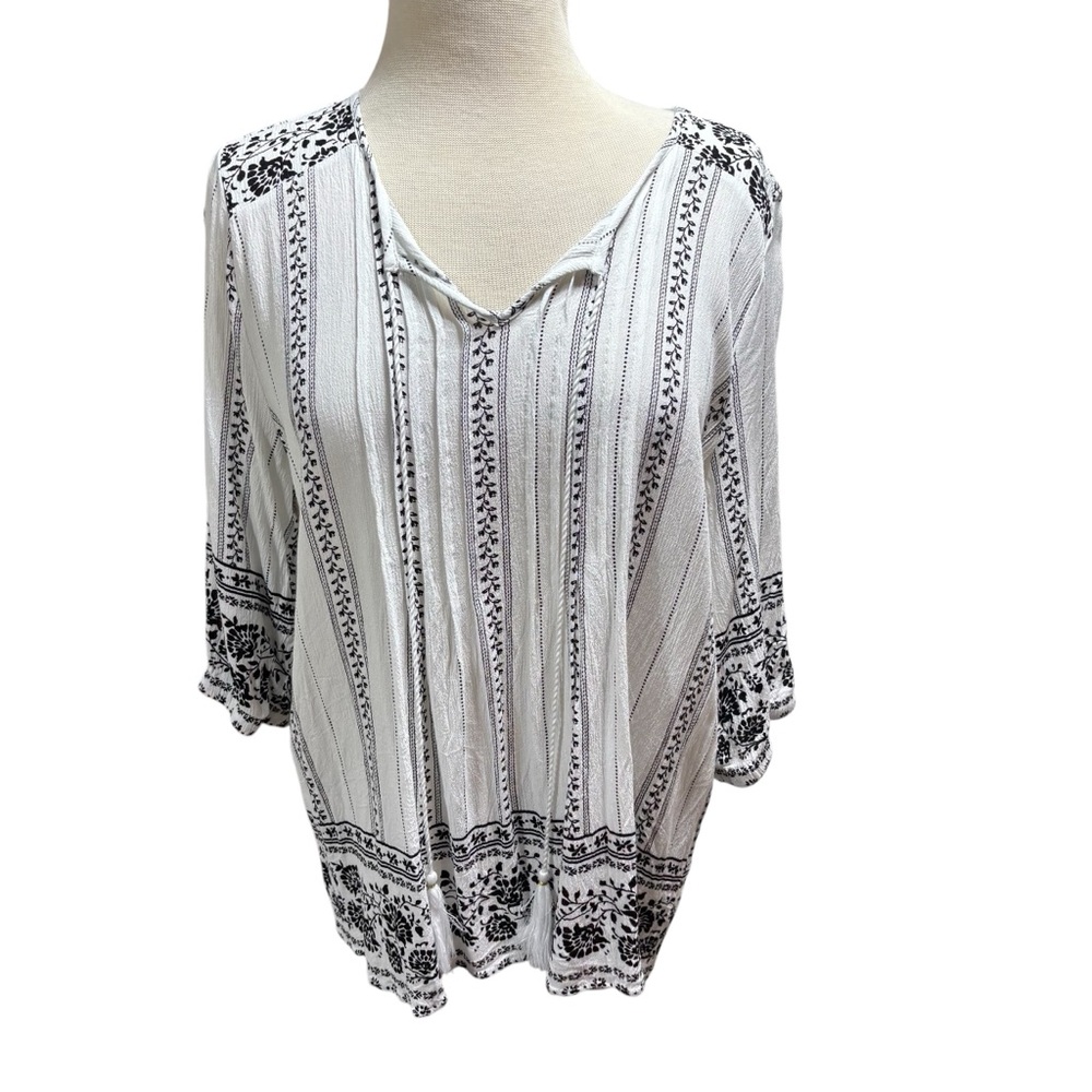 AZIZ White Black Floral Border Print Tassel Tie Viscose Blouse Medium #483